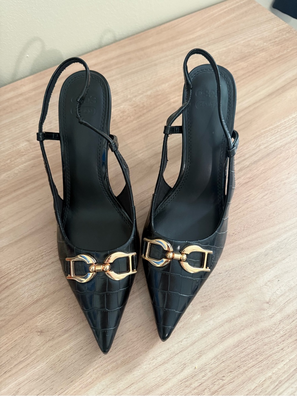 ASOS Black Pointed Slingback Heels with Gold Buckle Detail size 8.5